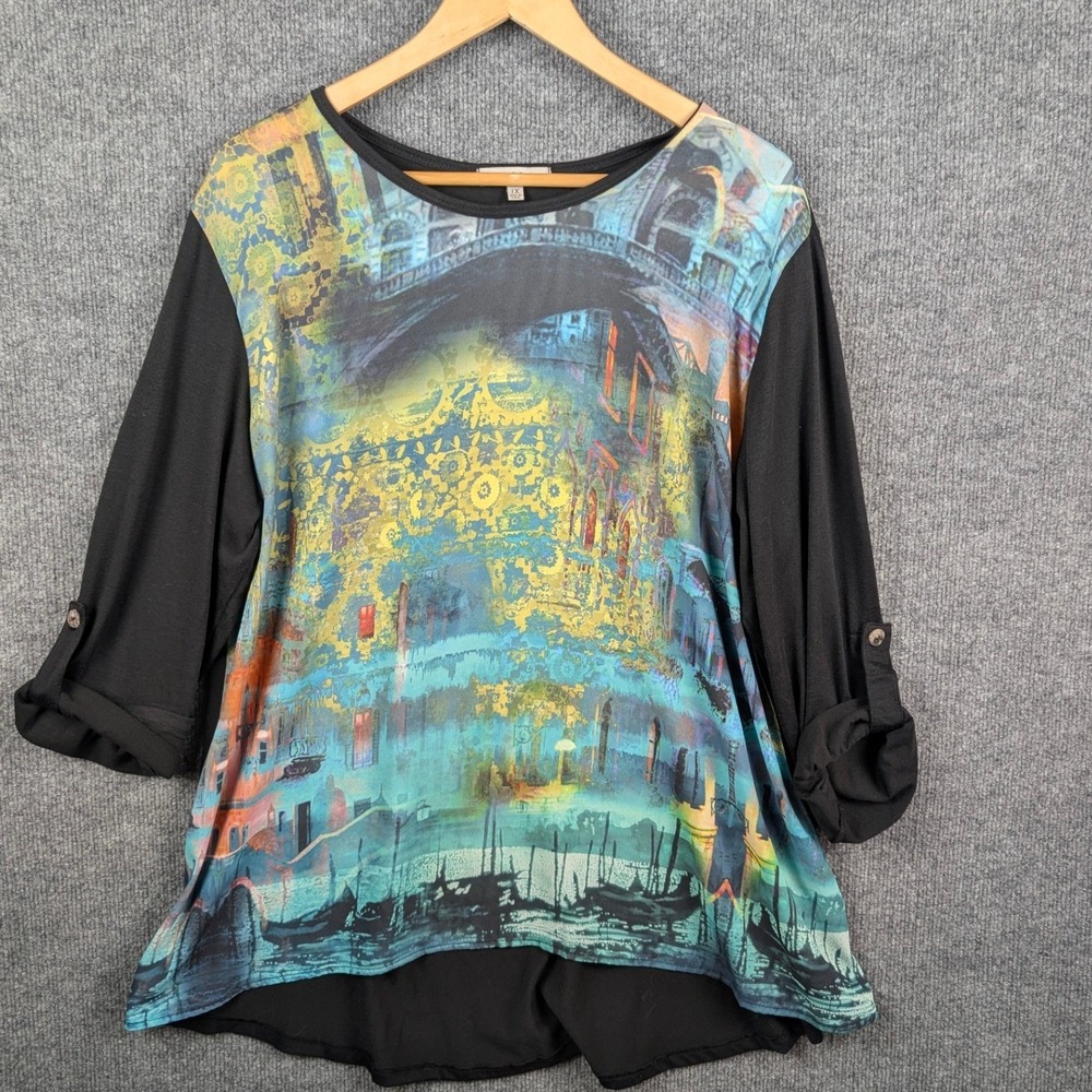 Jess & Jane Womens 1X Venice Graphic Tunic Roll Tab Sleeve Flowy Arm Covering